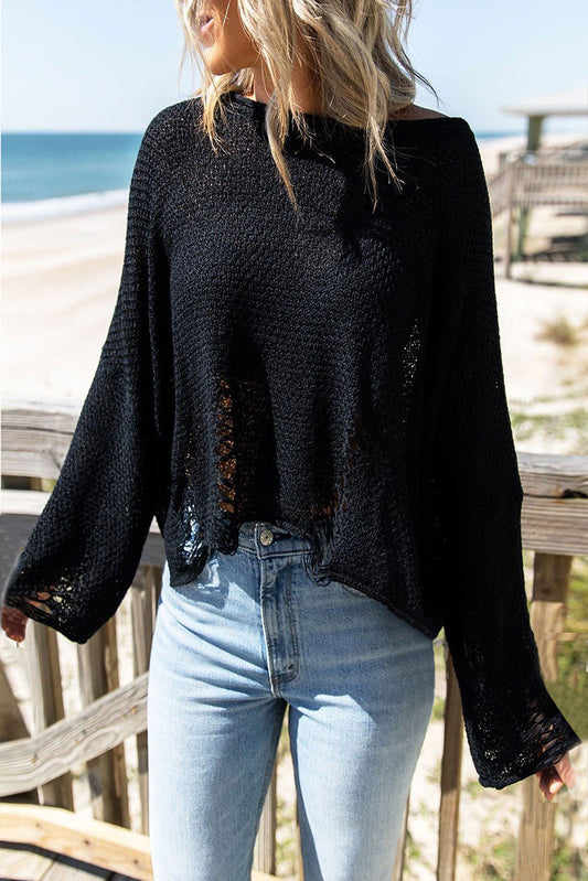 Pull court en tricot noir effet vieilli, coupe boxy