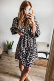 Pink Leopard Print Elasticated V Neck 3/4 Puff Sleeve Dress