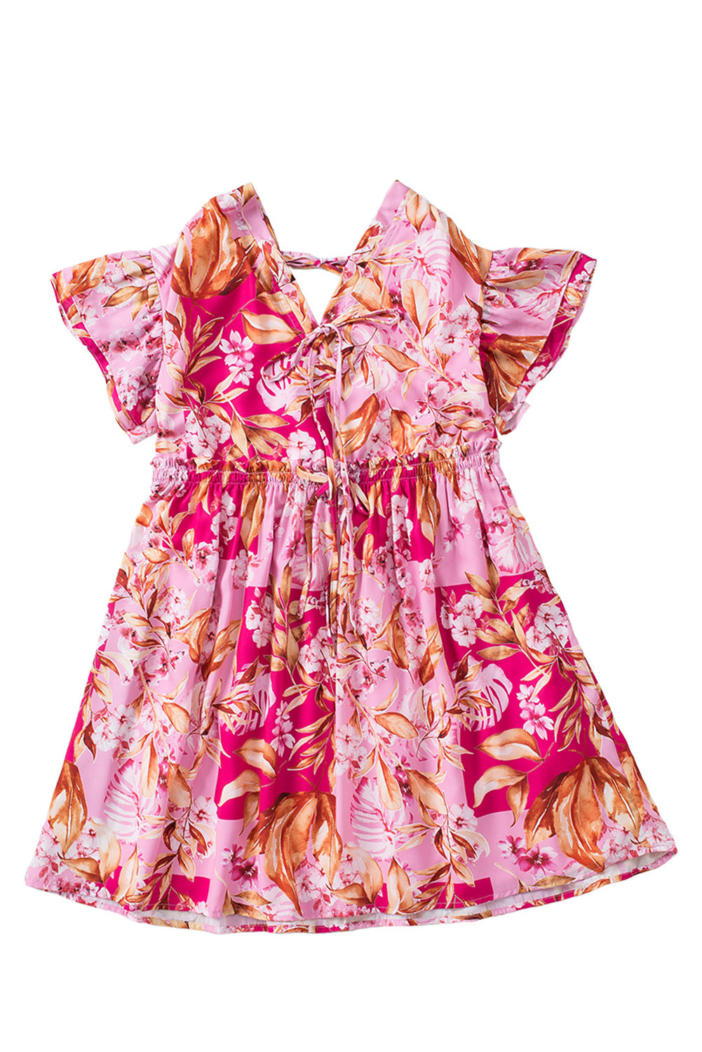 Robe florale rose avec nœud papillon et dos ouvert, col en V