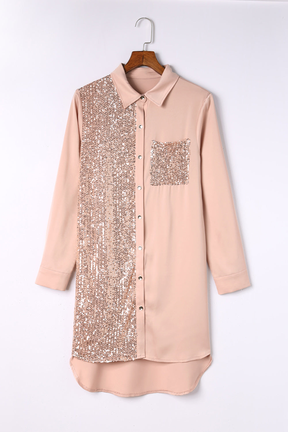 Sequin Splicing Pocket Buttoned Shirt Dress