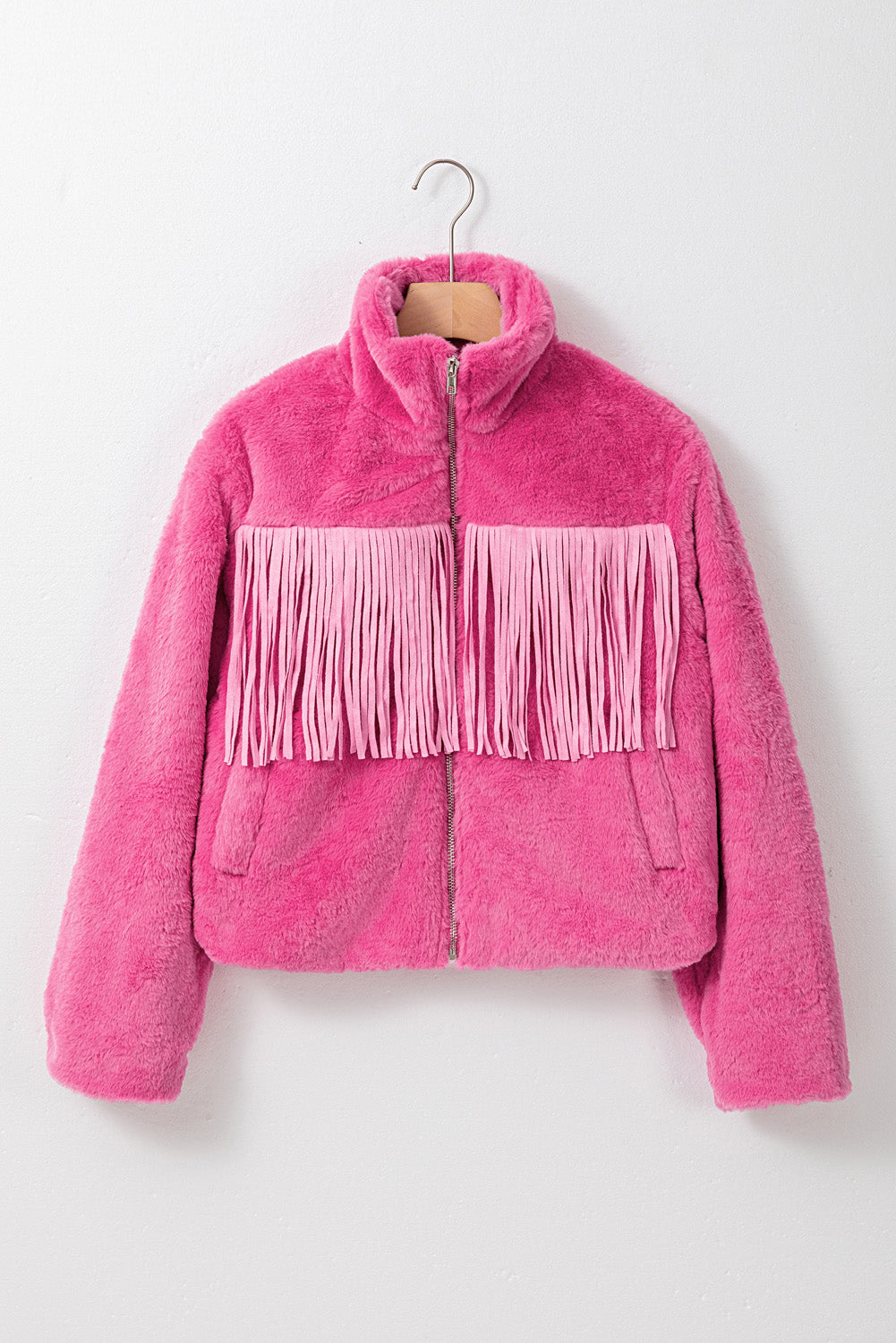 Pink Fringed Full Zipper Fleece Jacket