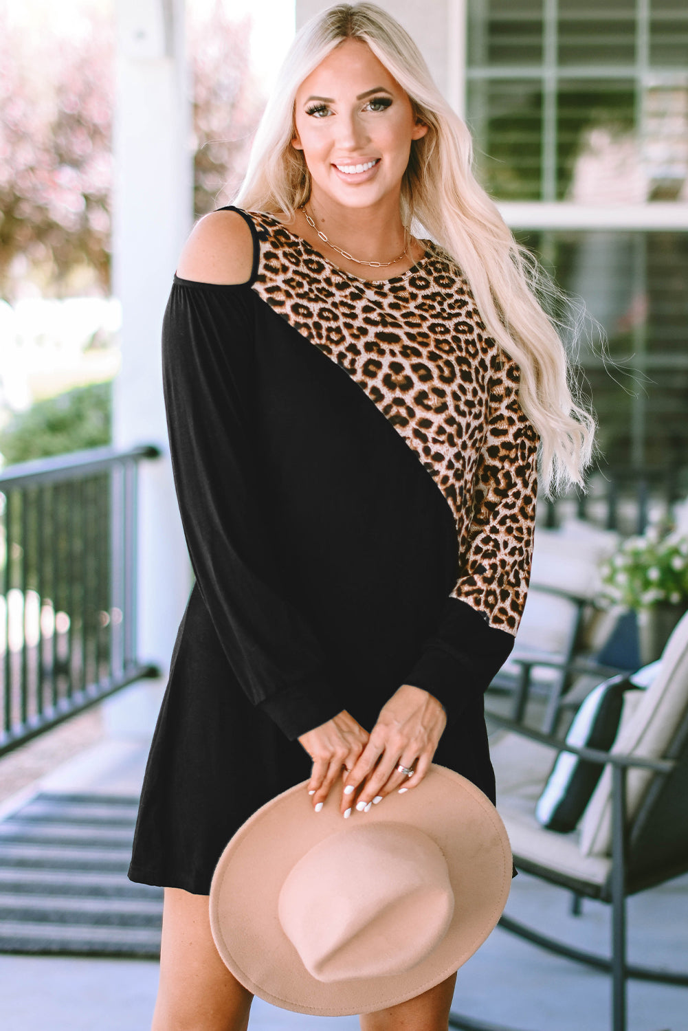 Asymmetric Cold Shoulder Leopard Colorblock Mini Dress