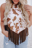 Cow Printed Fringe Hem Tank Top