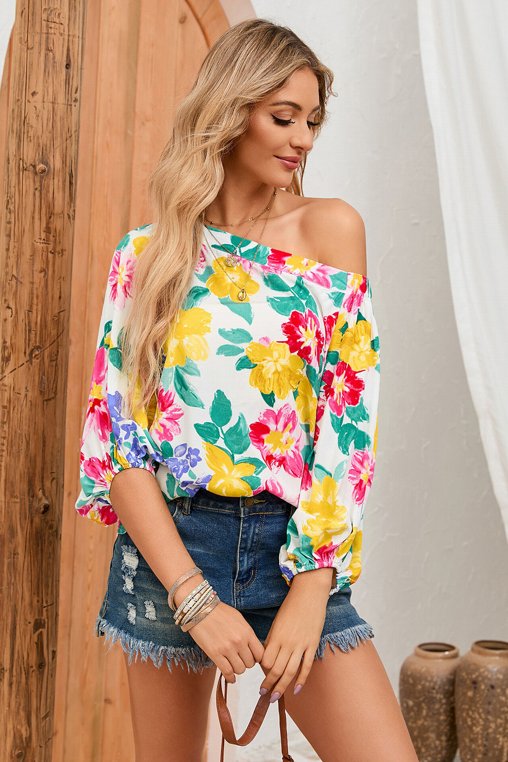 Colored Drawing Flowers Sexy Off Shoulder Top