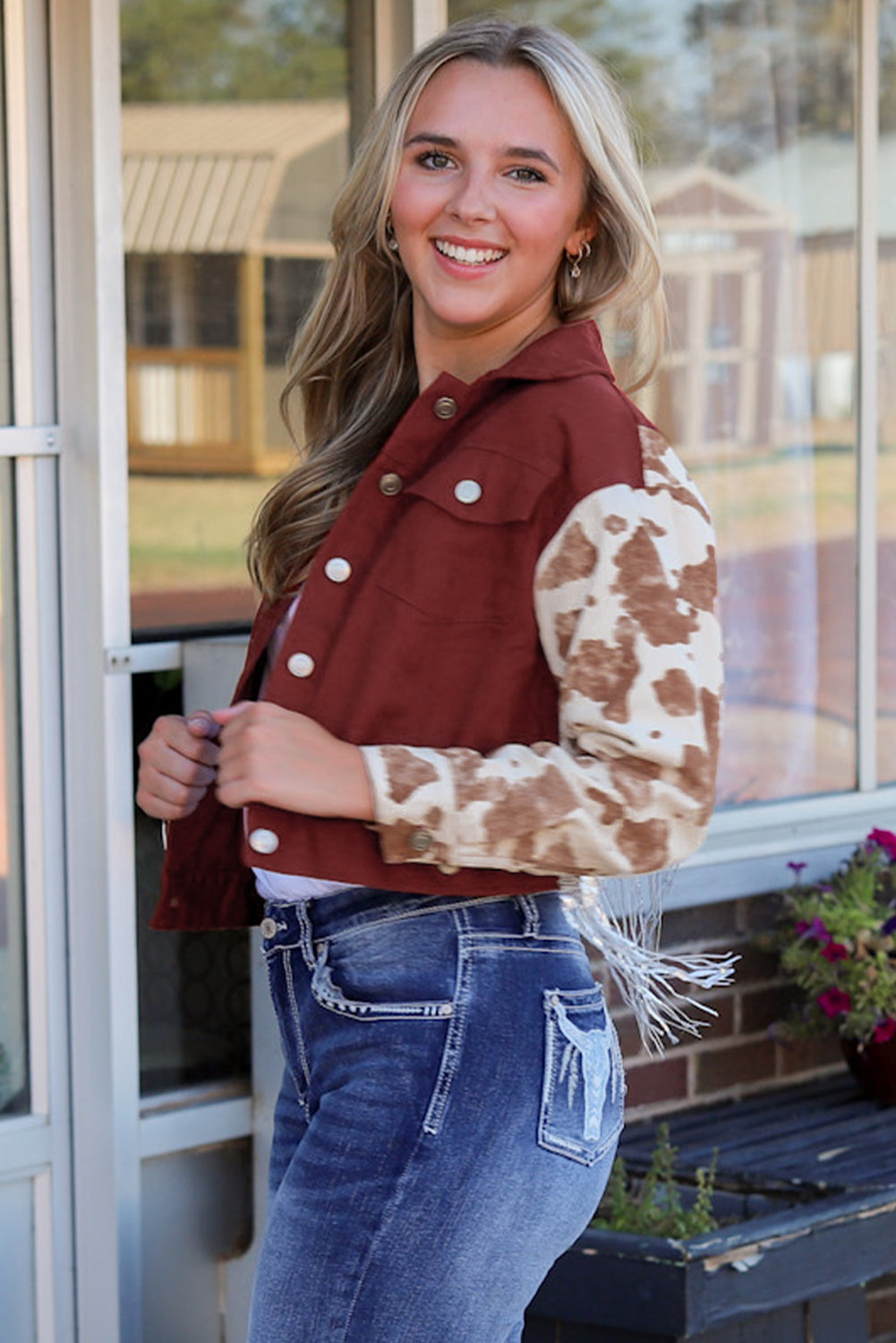 Abstract Print Sleeve Back Fringed Cropped Denim Jacket