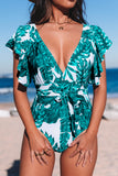 Sexy Deep V Neck Floral Print Ruffles One Piece Swimwear