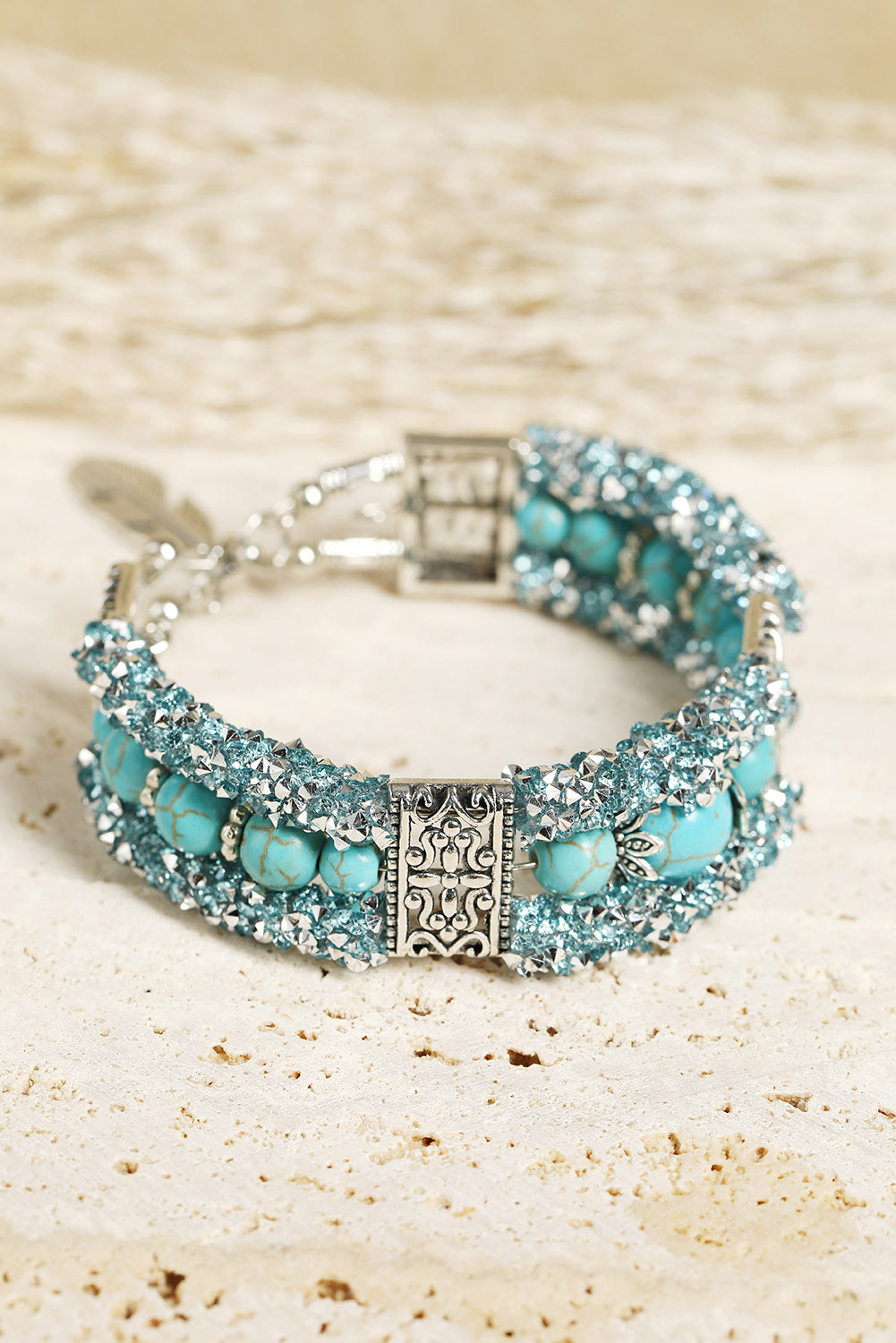 Western Turquoise Beads Rhinestone Carved Bracelet