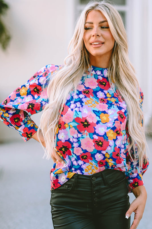 Mock Neck Bubble Sleeve Floral Print Blouse