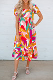 Abstract Print Square Neck Flowy Midi Dress