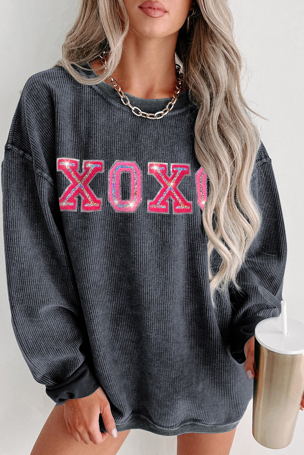 Pink Solid Ribbed Knit Round Neck Pullover Sweatshirt