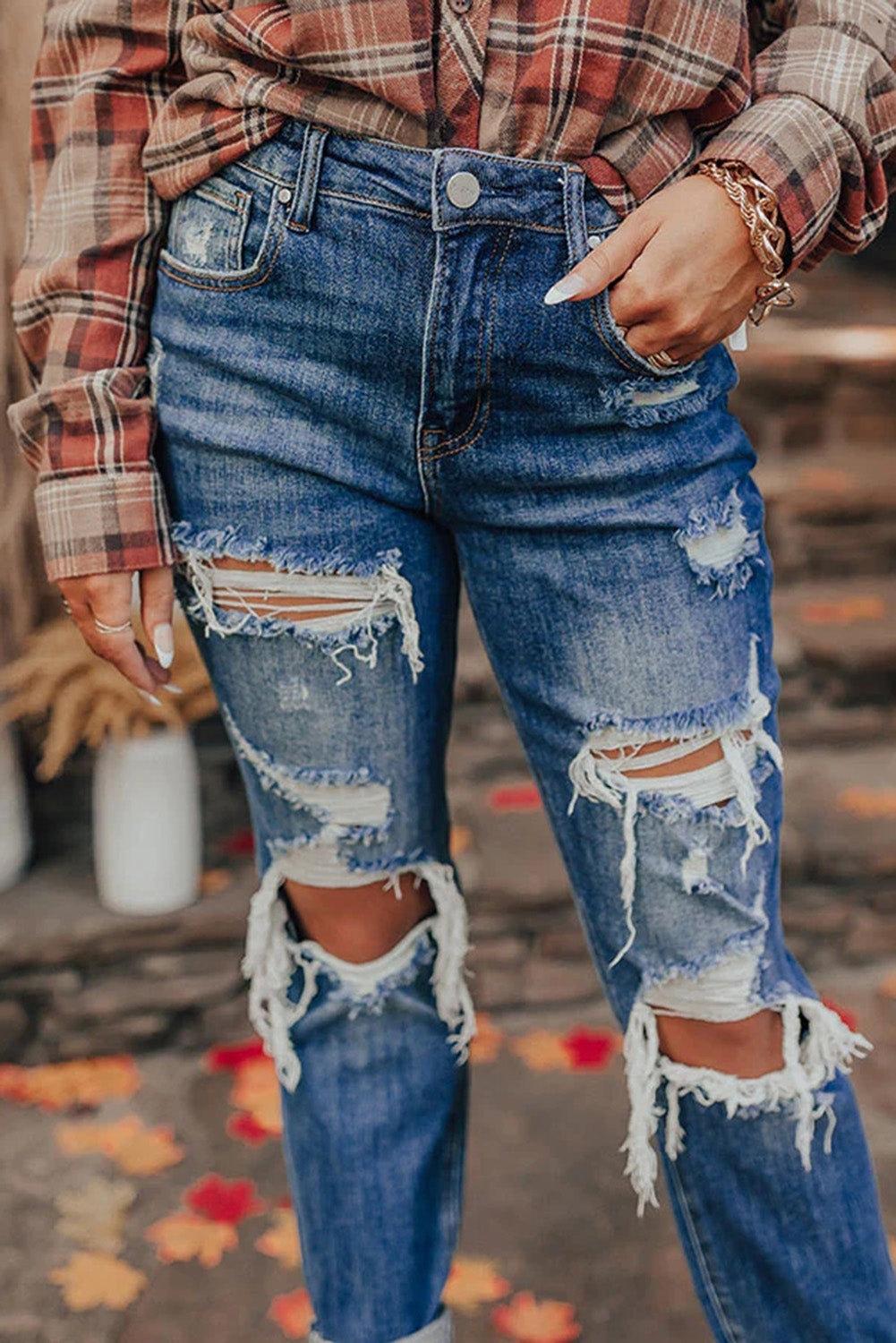 Blue Vintage Distressed Boyfriend Ripped Jeans