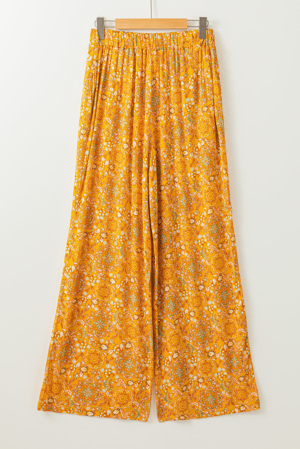 Pantalon large à poches et imprimé floral bohème jaune 