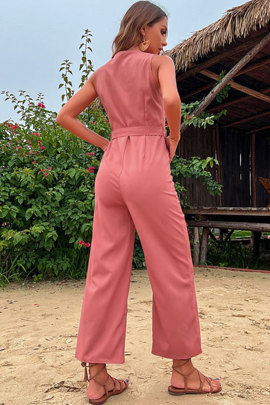 Button V Neck Sleeveless Jumpsuit with Belt