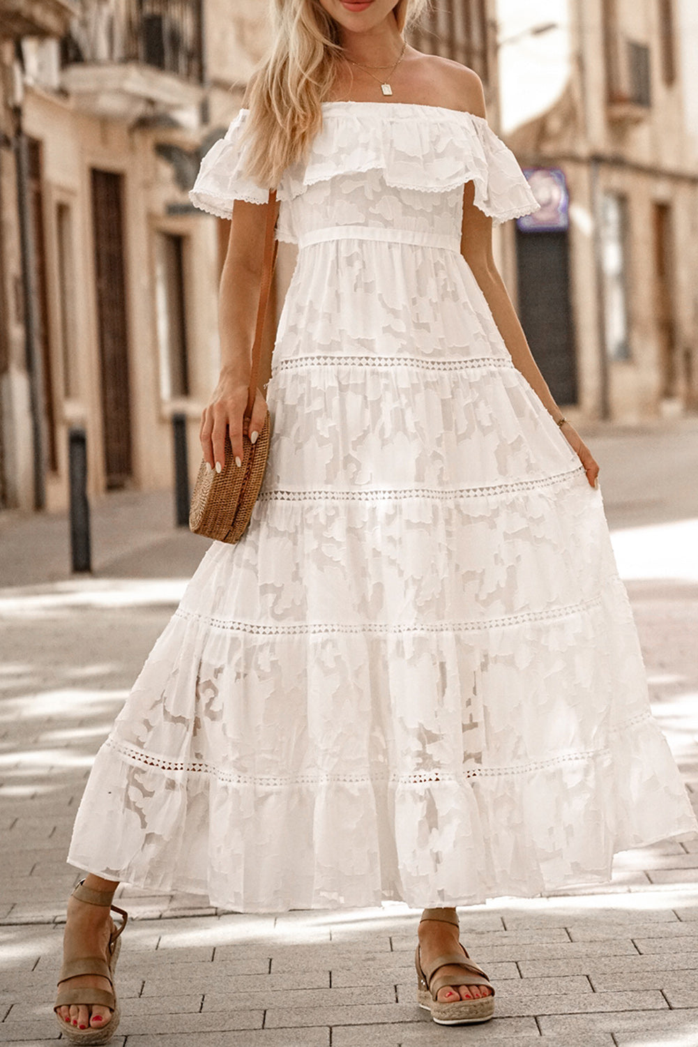 Off-the-shoulder Ruffled Lace Maxi Dress