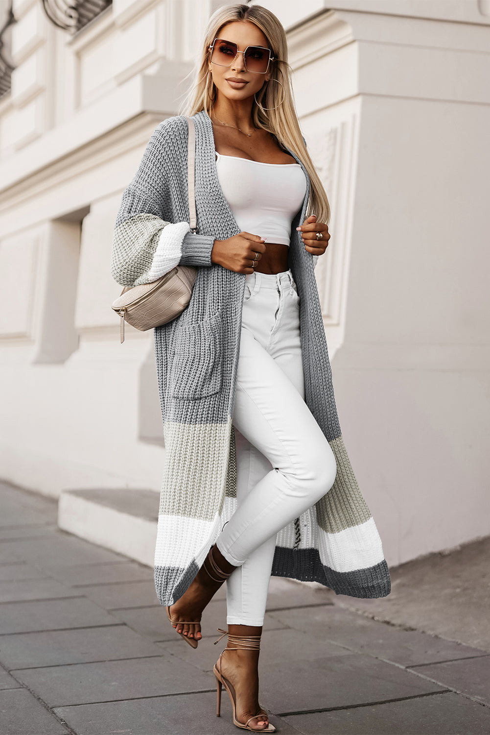 Colorblock Cable Knit Side Pockets Duster Cardigan