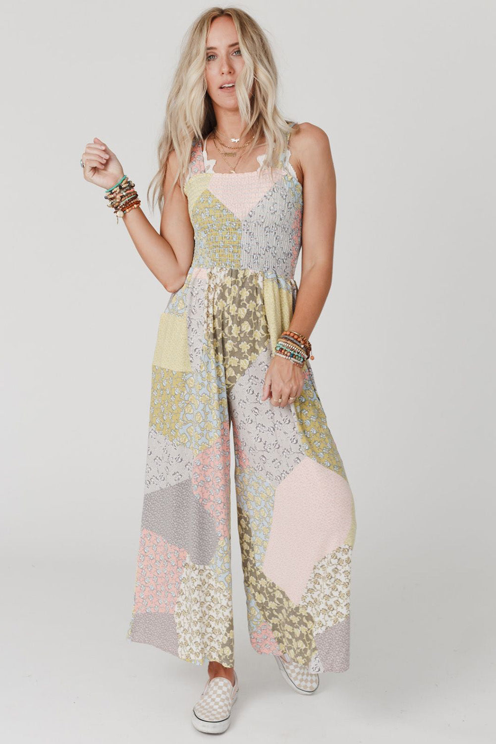 Irregular Patchwork Print Smocked Wide Leg Jumpsuit