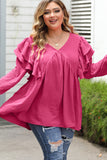 Crinkle Ruffled V Neck Plus Size Blouse