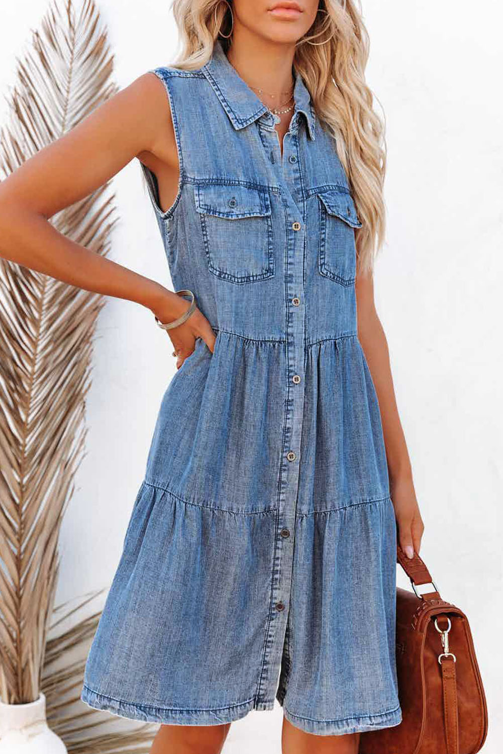 Flap Pockets Button up Sleeveless Denim Dress