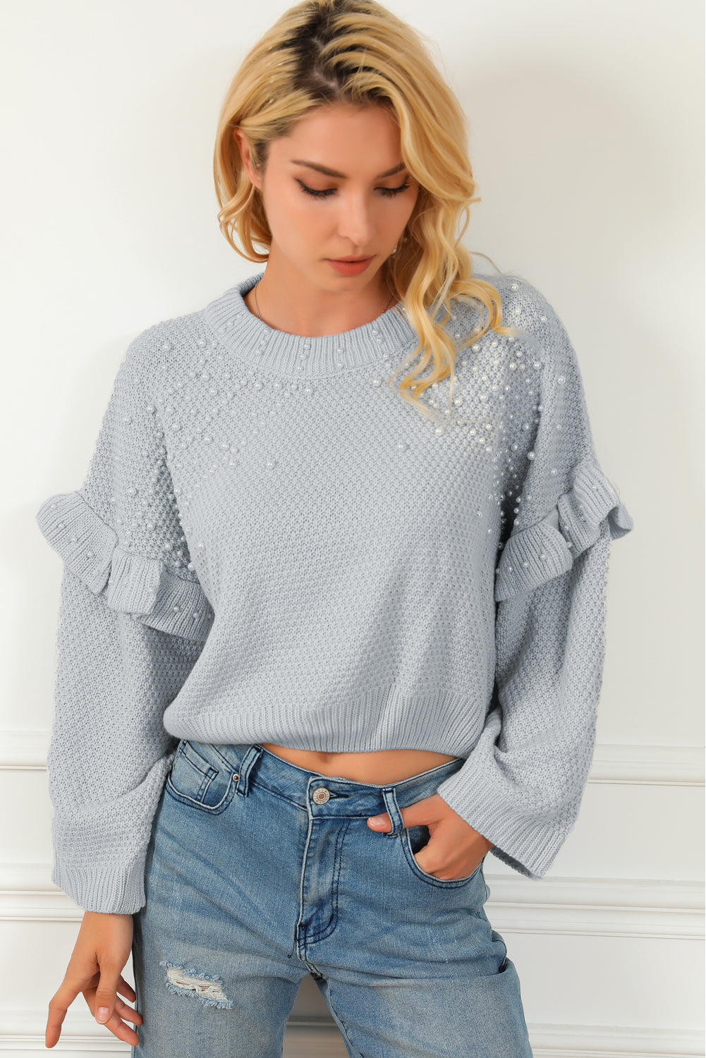 Gray Pearl Embellished Ruffle Wide Sleeve Sweater