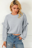 Gray Pearl Embellished Ruffle Wide Sleeve Sweater