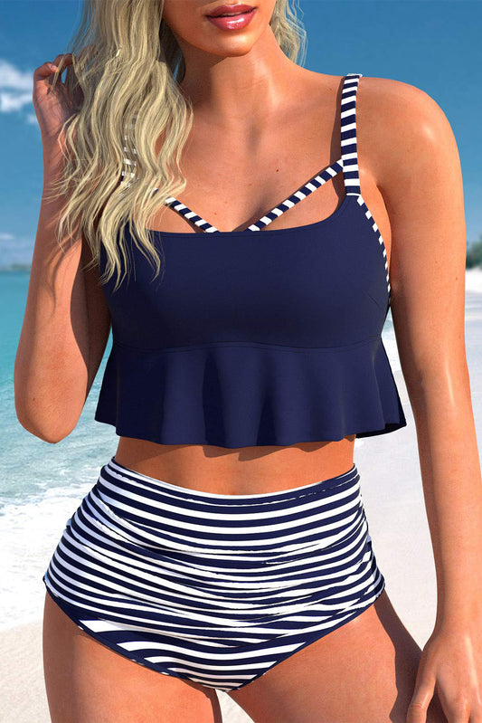 Cutout Ruffle Crop Top and Striped High Waist Bikini Set