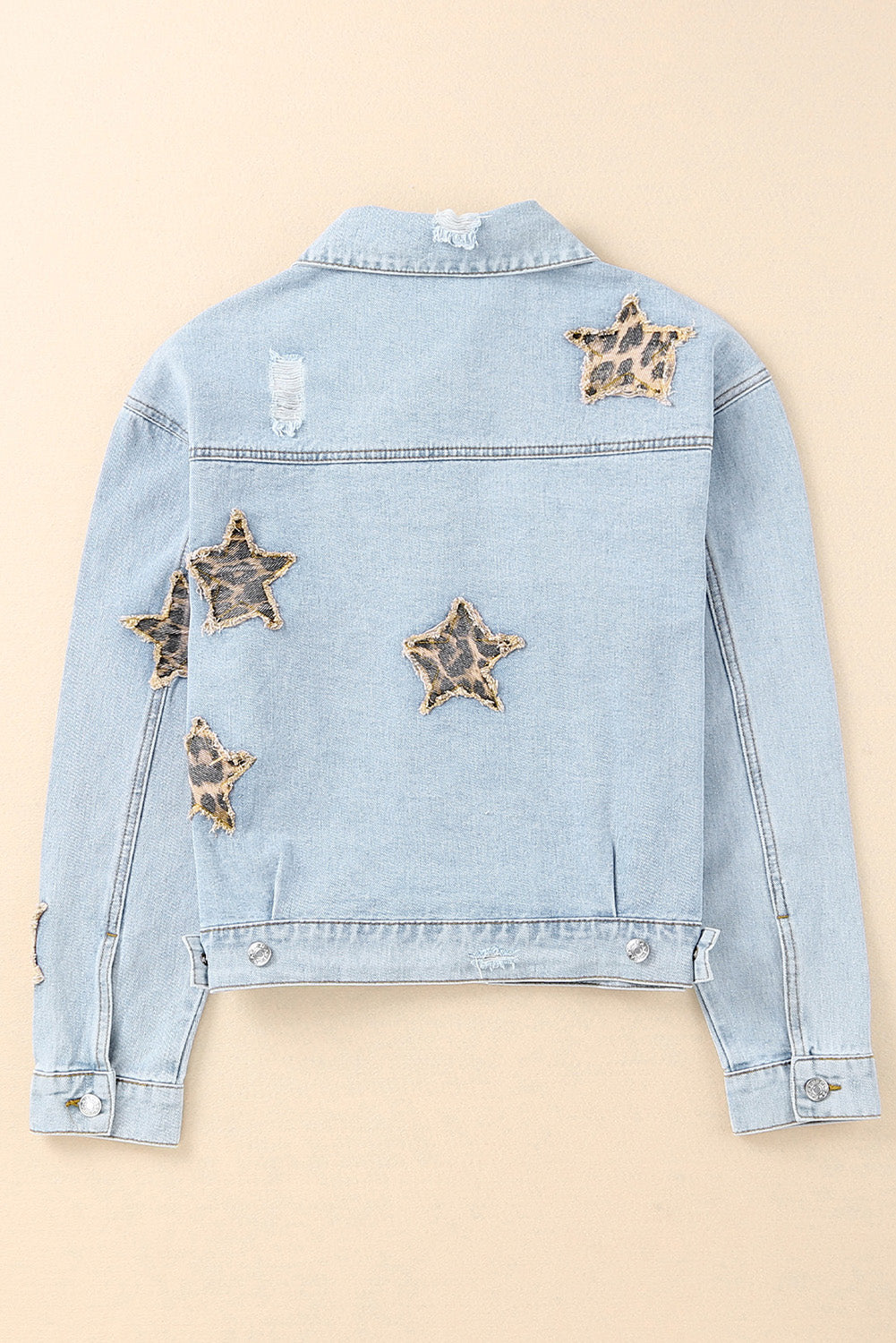 Leopard Star Distressed Cropped Denim Jacket