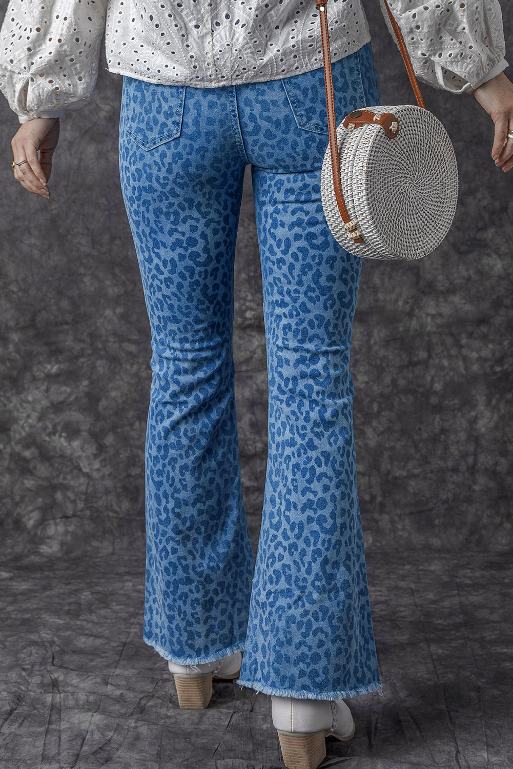 Sky Blue Leopard Print Raw Hem High Waist Flare Jeans