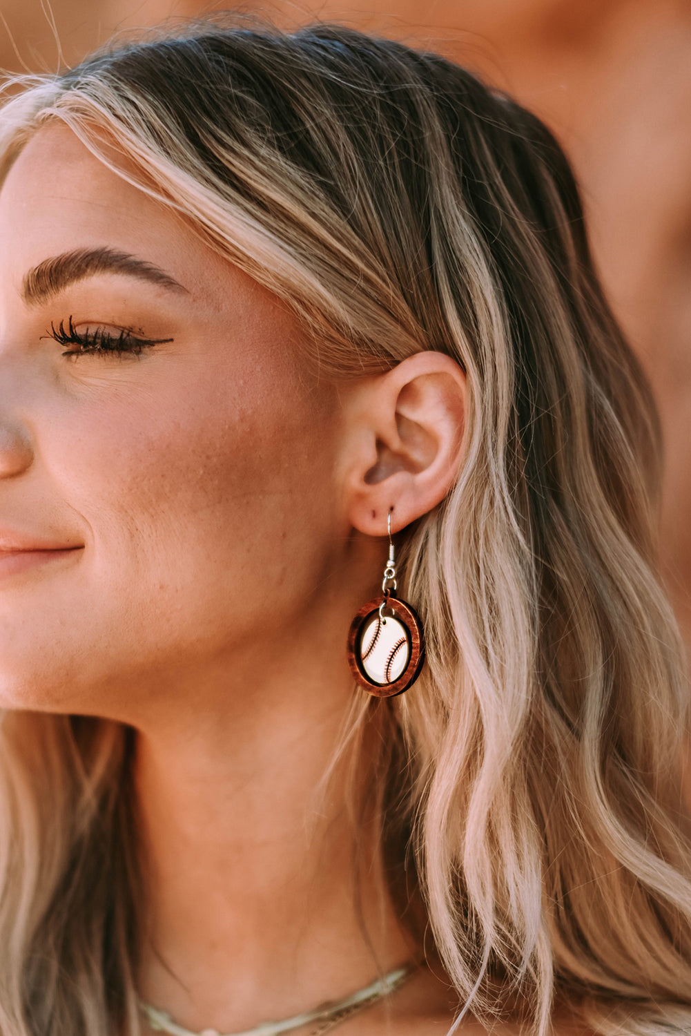 Baseball Pattern Wood Round Drop Earrings