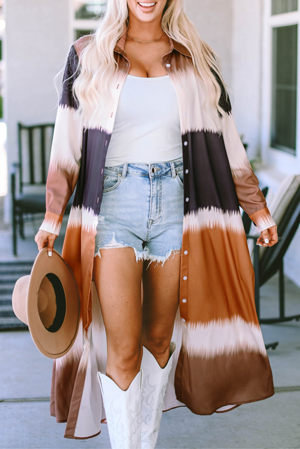 Tie Dye Colorblock Button Down Maxi Kimono