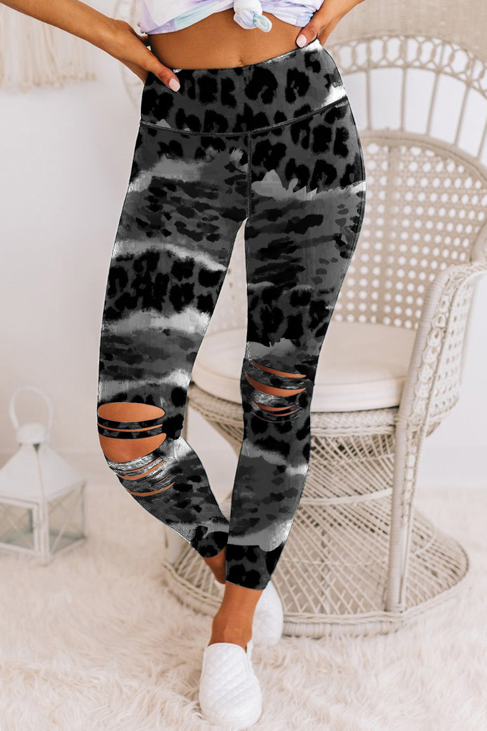 Animal Print Ripped Knee Leggings