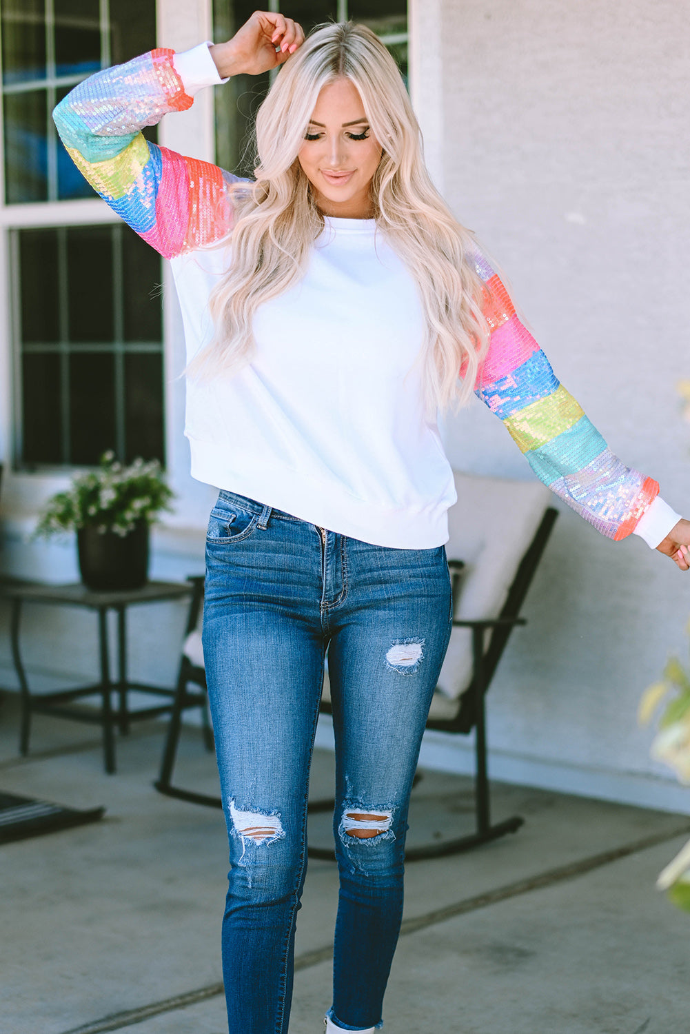 Sequin Color Block Raglan Sleeve Pullover Sweatshirt