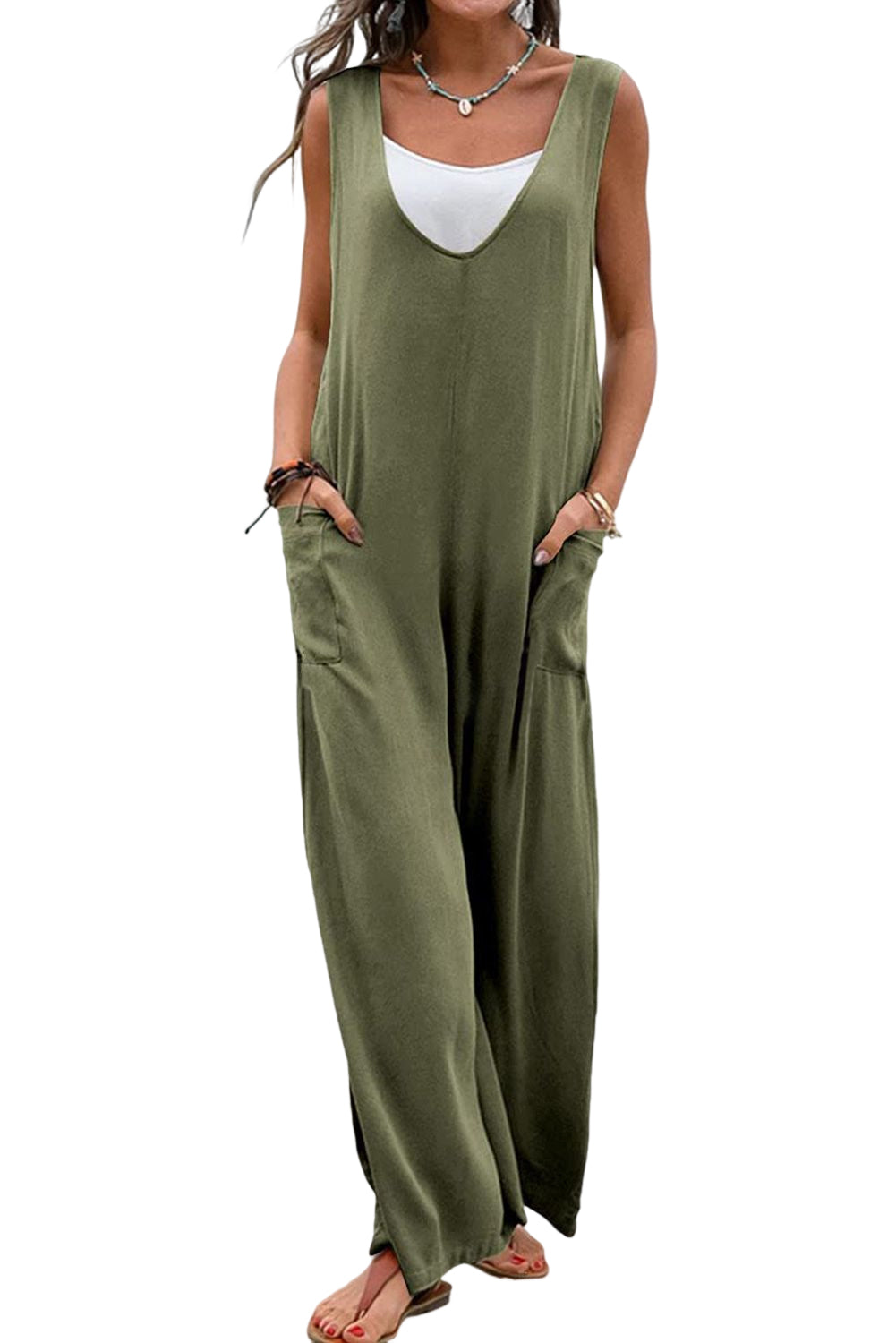 Sleeveless V Neck Wide Leg Jumpsuit with Pockets