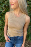 Apricot Ribbed Knit Crew Neck Tank Top