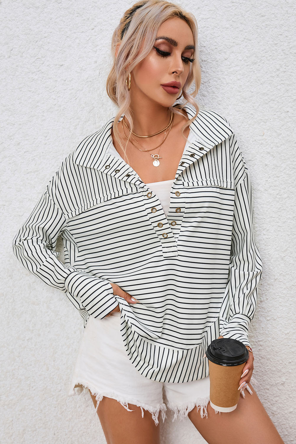 Striped Thumbhole Drop Shoulder V Neck Top