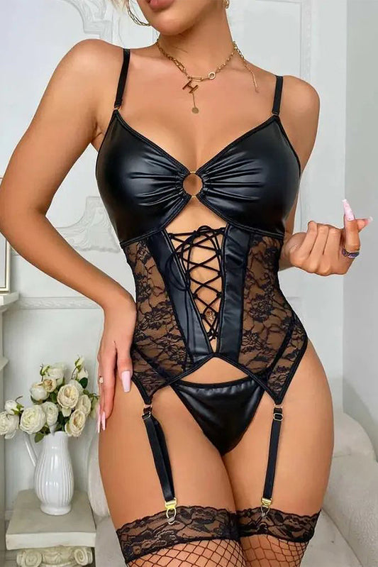 Leather Lace Up Sheer Splicing Teddy Lingerie with Thong