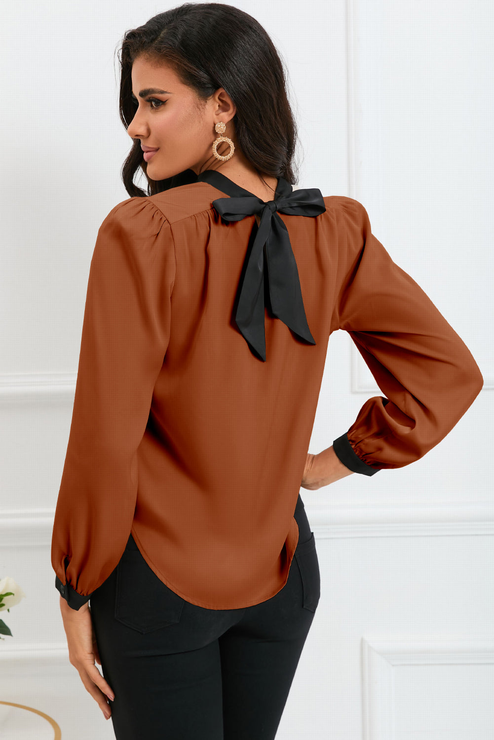 Color Block Bow Back Mock Neck Blouse