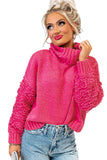 Pull en tricot côtelé rose à manches pelucheuses et col roulé