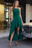 Robe haute basse plissée sans manches en satin vert avec poche