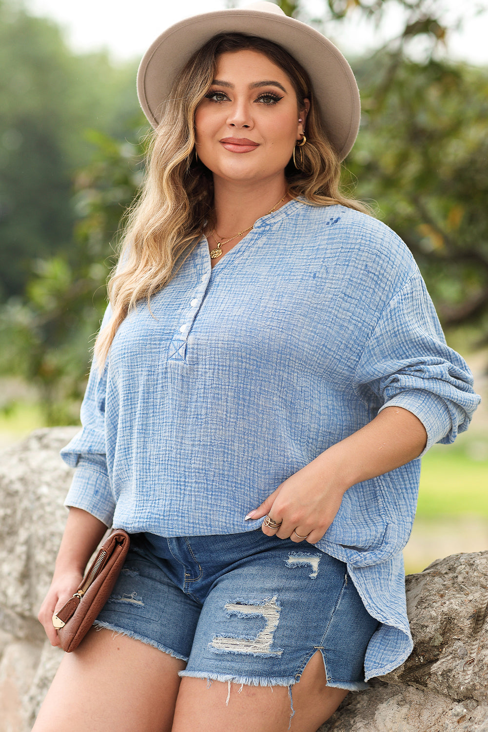 Sky Blue Crinkle Textured Loose Henley Top