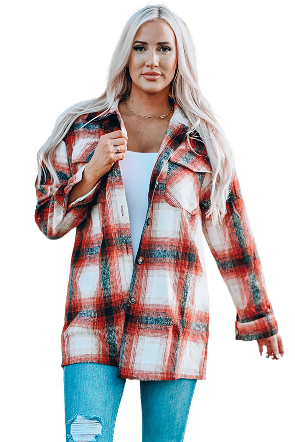 Turn down Neck Plaid Pocket Button Closure Coat