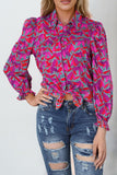 Abstract Floral Button Up Long Puff Sleeve Shirt