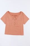 Notched V Neck Buttoned Front Textured Loose Top