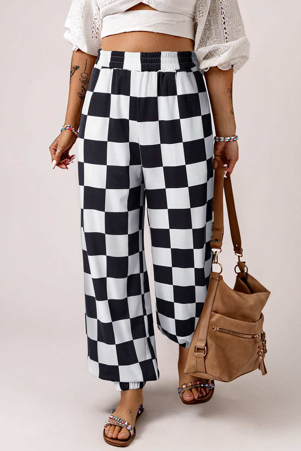 Black Checkerboard Elastic Waist Pocketed Joggers