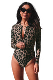 Leopard Print Zipper Cut-out Rash Guard Swimsuit