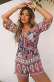 Vintage Printed 3/4 Sleeves V Neck Romper