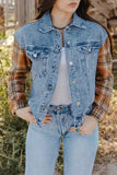 Medium Wash Plaid Sleeves Denim Jacket