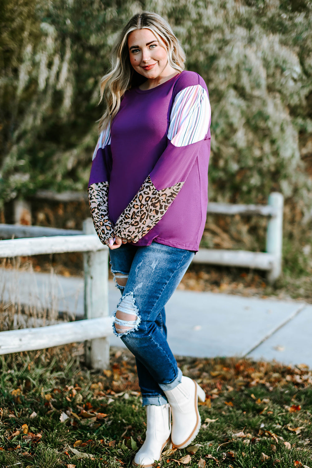 Leopard Striped Color Block Plus Size Top