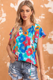 Sky Blue Multicolor Abstract Print High Neck Flutter Sleeves Top