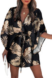 Geometric Print Button Drawstring Batwing Sleeve Dress