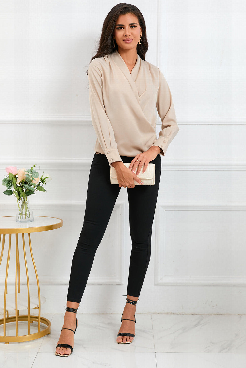 Solid Wrap V Neck Long Sleeve Top